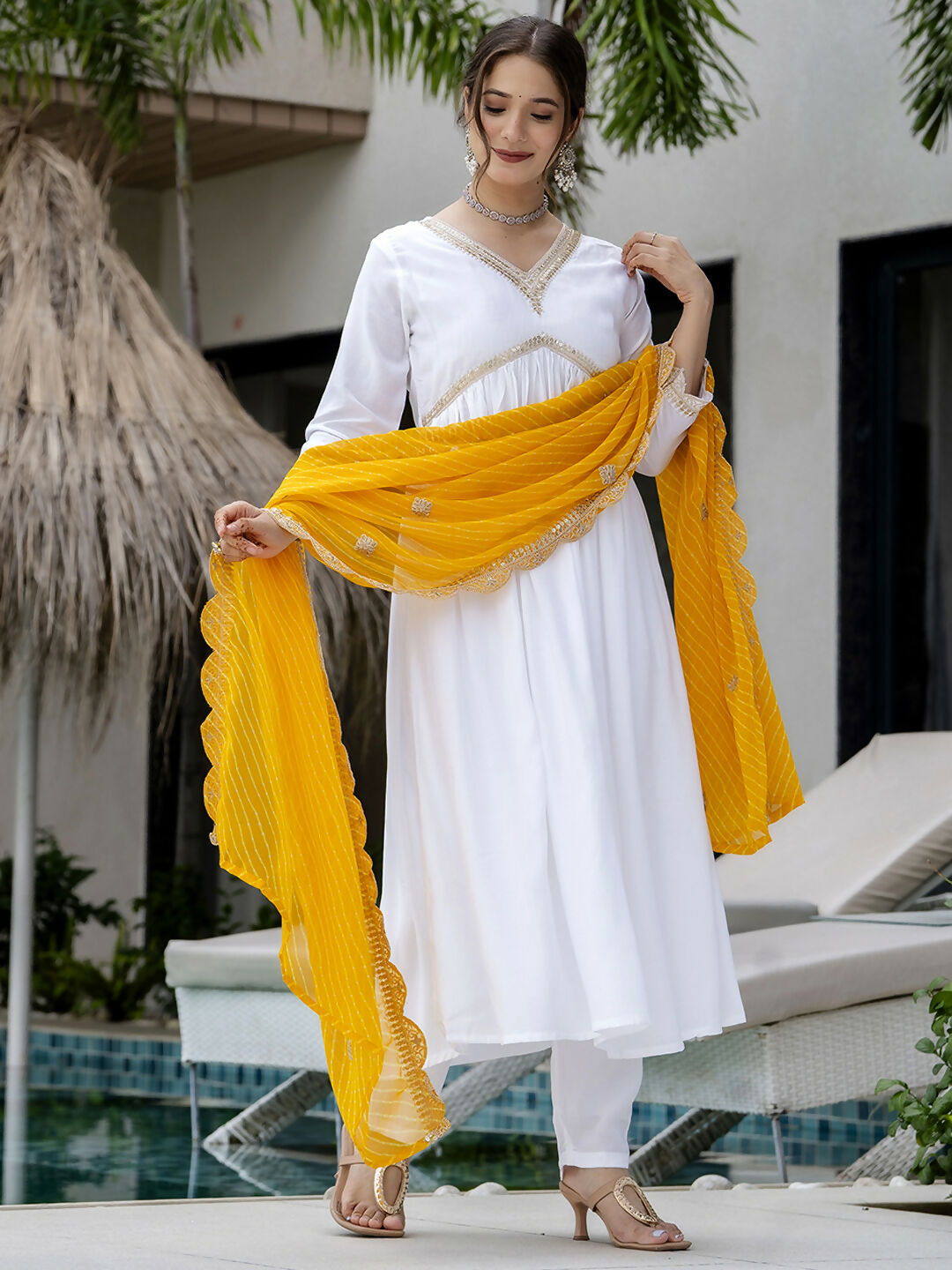 The52 White Women's Gorgeous Embroidered Chanderi Fabric Straight Kurta, Pant and Dupatta Set - Distacart