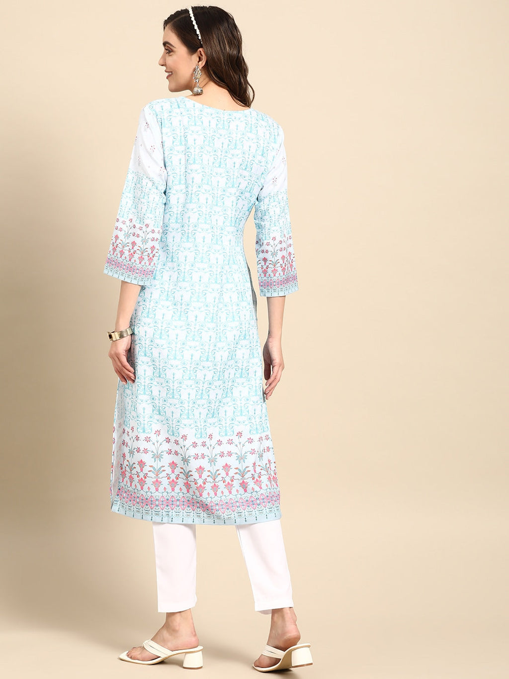 Sangria Women Turquoise Blue Floral Embroidered Kurta