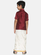 Sethukrishna Boys Maroon & White Solid Shirt and Dhoti Set