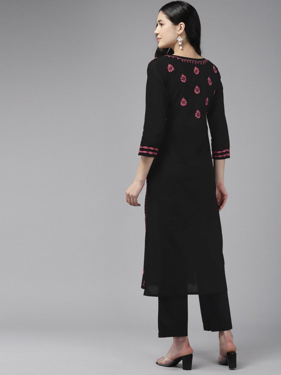 ADA Ethnic Motifs Embroidered Round Neck Chikankari Cotton Kurta