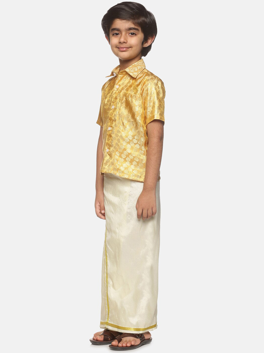 Sethukrishna Boys Gold-Toned Self Design Shirt with Dhoti