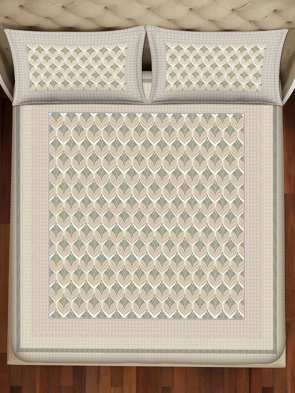 BELLA CASA Beige & Off White Ethnic Motifs 350 TC King Bedsheet with 2 Pillow Covers