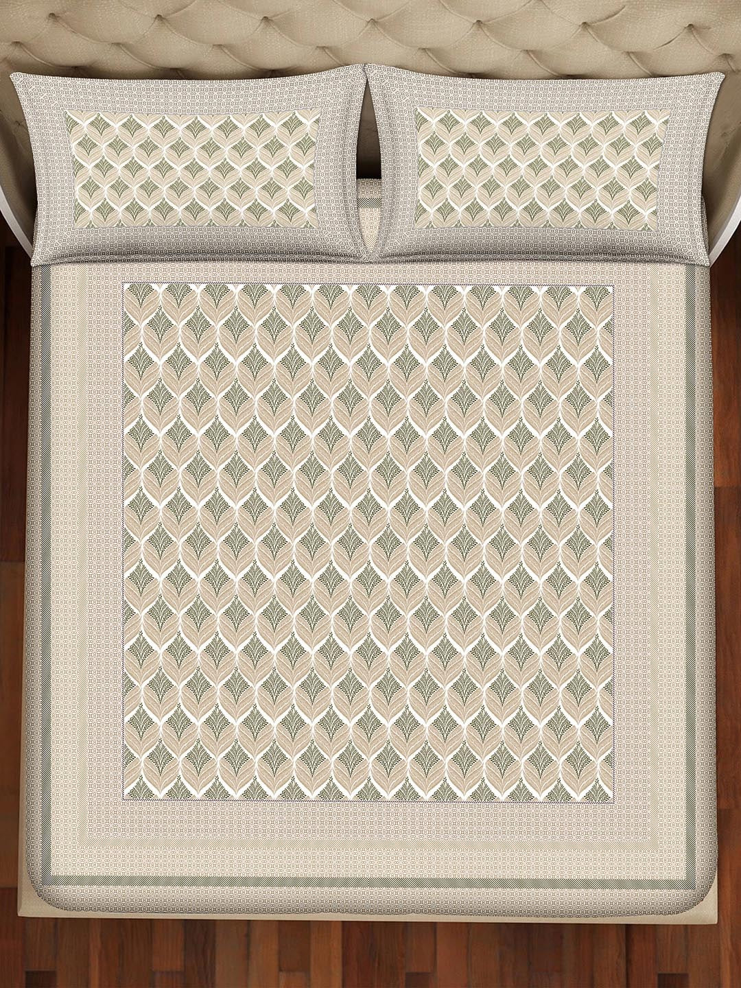 BELLA CASA Beige & Off White Ethnic Motifs 350 TC King Bedsheet with 2 Pillow Covers