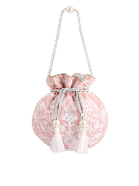 Masq Pink & White Embellished Embroidered Potli Clutch