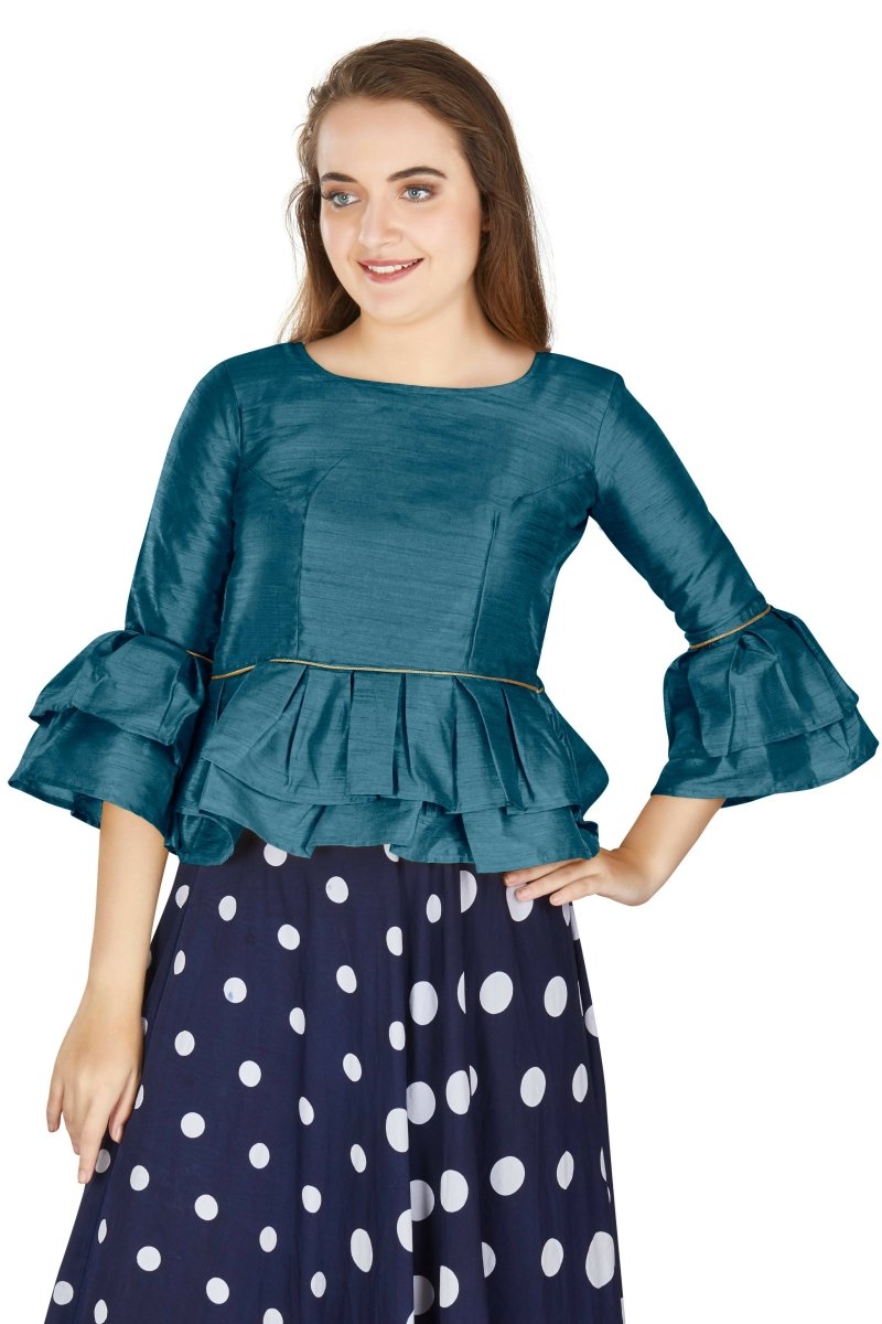 Aastha Fashion Women's Teal Art Silk Bell Sleeves attire with Poly Cotton Lining Blouse