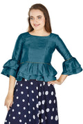 Aastha Fashion Women's Teal Art Silk Bell Sleeves attire with Poly Cotton Lining Blouse