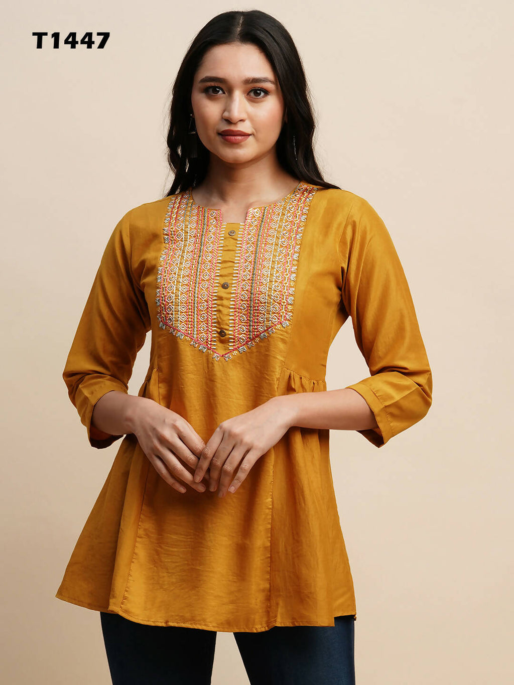 Mustard Chinon Embroidered Top - Tarini