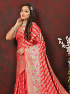Lorenvalley Fashion Red Soft Silk Woven Design with Zari Weaving Leheriya Design Saree
