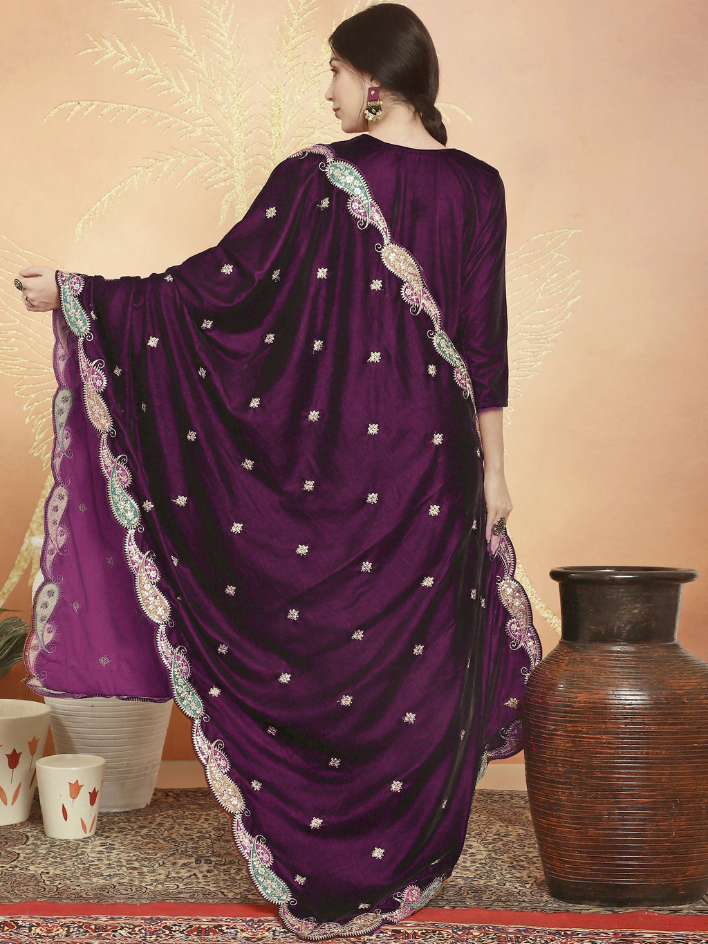 Jyoti Fashion Women's Wine Velvet Cording with Resham Thread & Sequin Kurta with Trouser & Dupatta