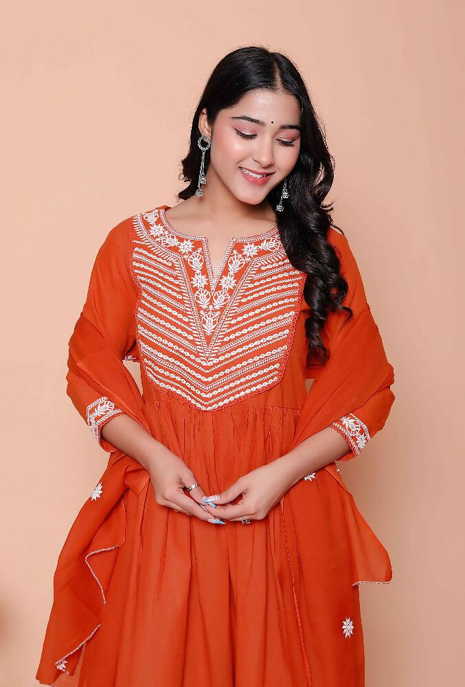Miravan Womens Floral Embroidered Rust Straight Cotton Kurta & Palazzo With Dupatta Set - Distacart