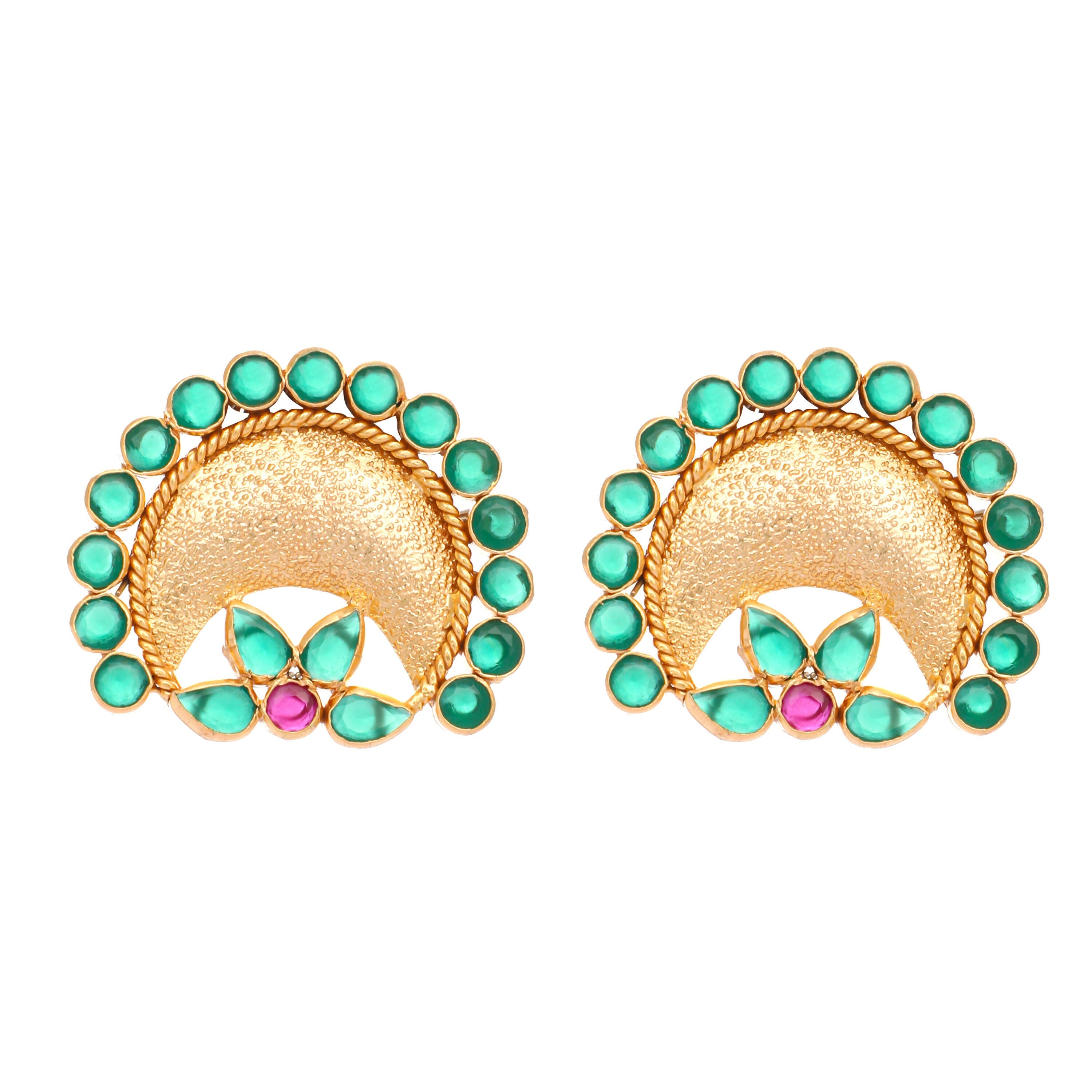Nuyug 22K Gold Plated Faux Emerald Stone Studded Contemporary Shaped Studs - Distacart