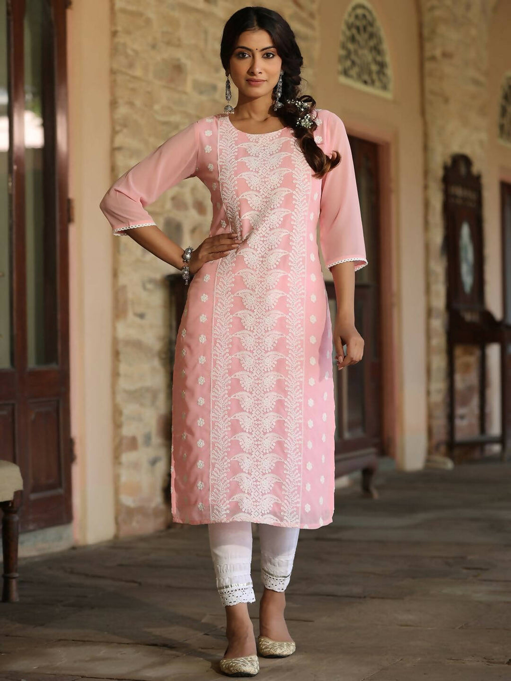 Juniper Women's Pink Georgette Printed Kurta - Distacart