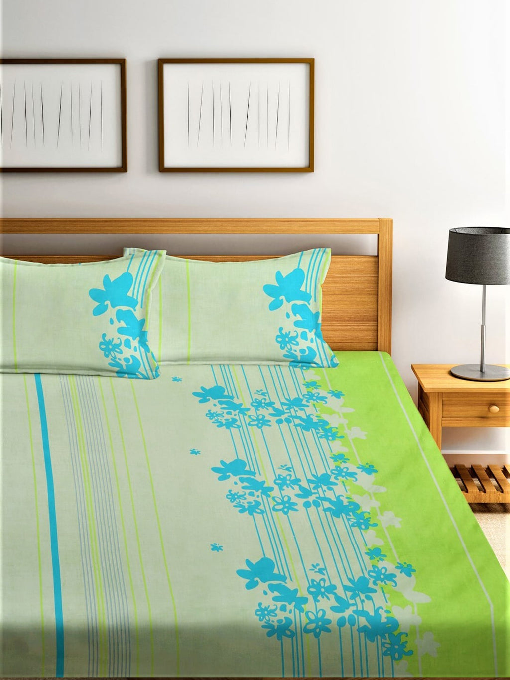 Home Sizzler Green & Blue Floral 210 TC Queen Bedsheet with 2 Pillow Covers