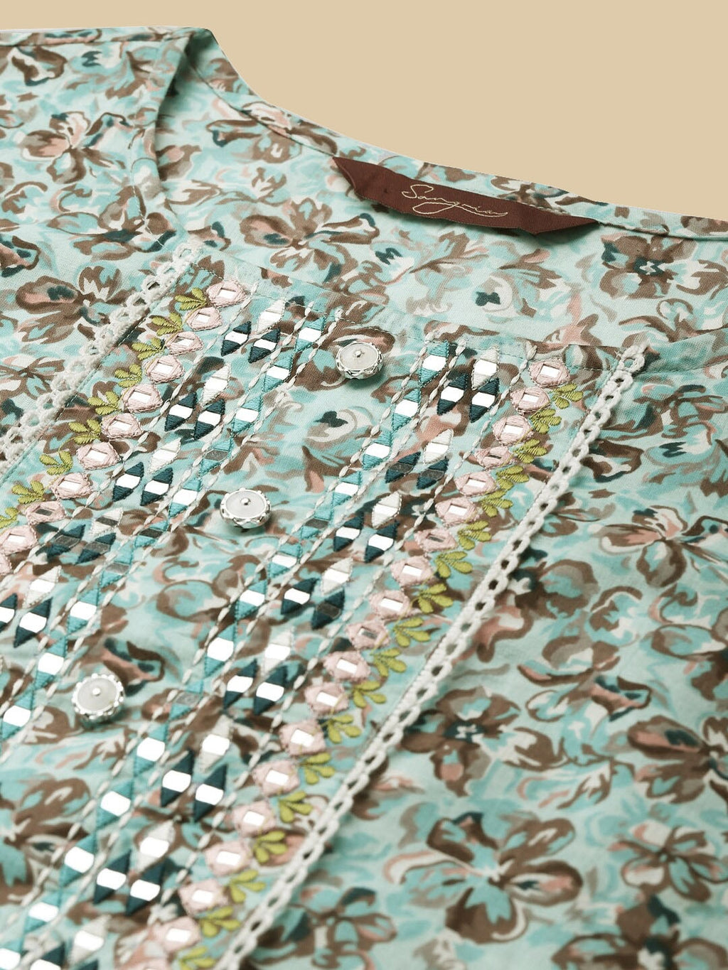 Sangria Sea Green & Brown Floral Printed Pure-Cotton Straight Kurta With Trouser & Dupatta