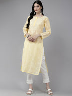 ADA Women Cream-Coloured & White Ethnic Motifs Embroidered Chikankari Cotton Kurta