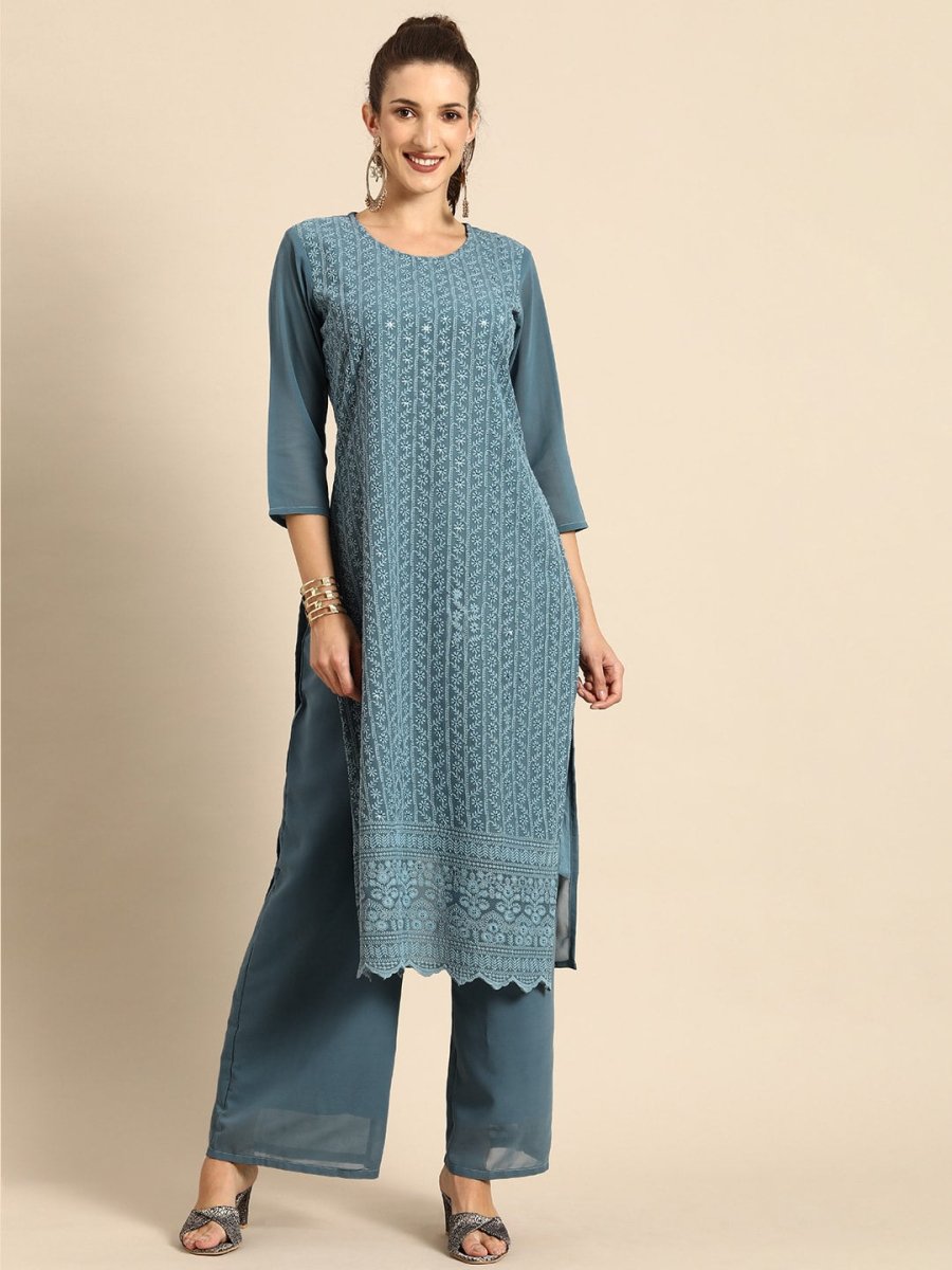 All About You Women Grey Ethnic Motifs Embroidered Regular Chikankari Kurta with Palazzos