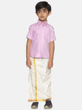 Sethukrishna Boys Pink & Off-White Pure Cotton Shirt with Dhotis