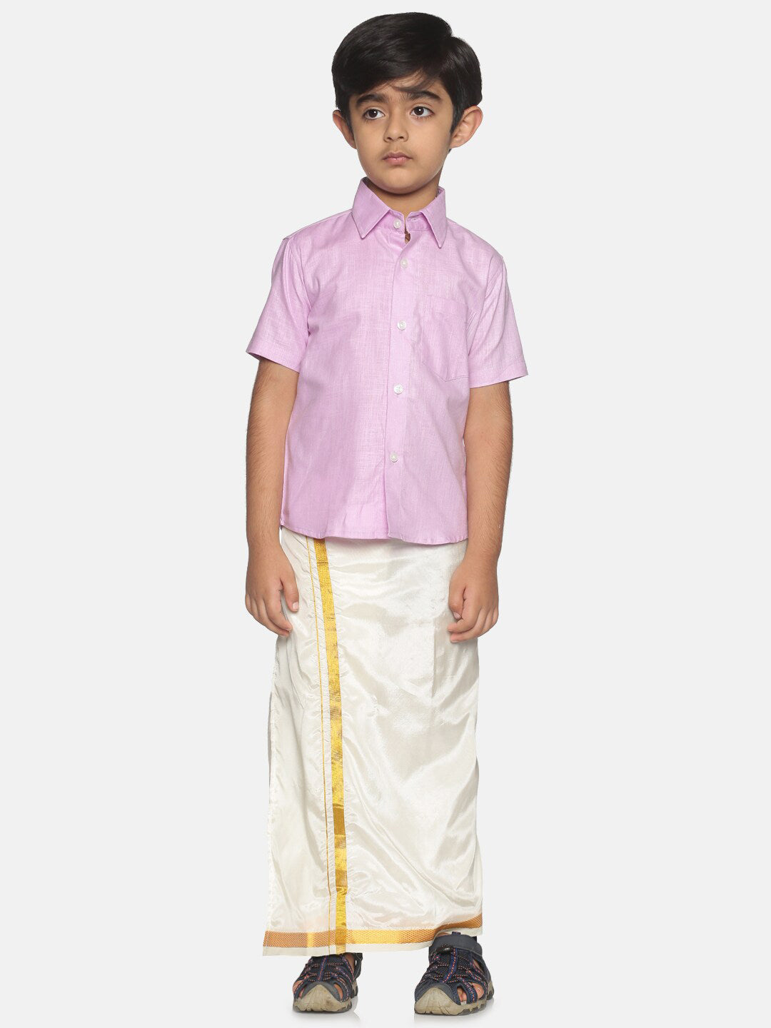 Sethukrishna Boys Pink & Off-White Pure Cotton Shirt with Dhotis