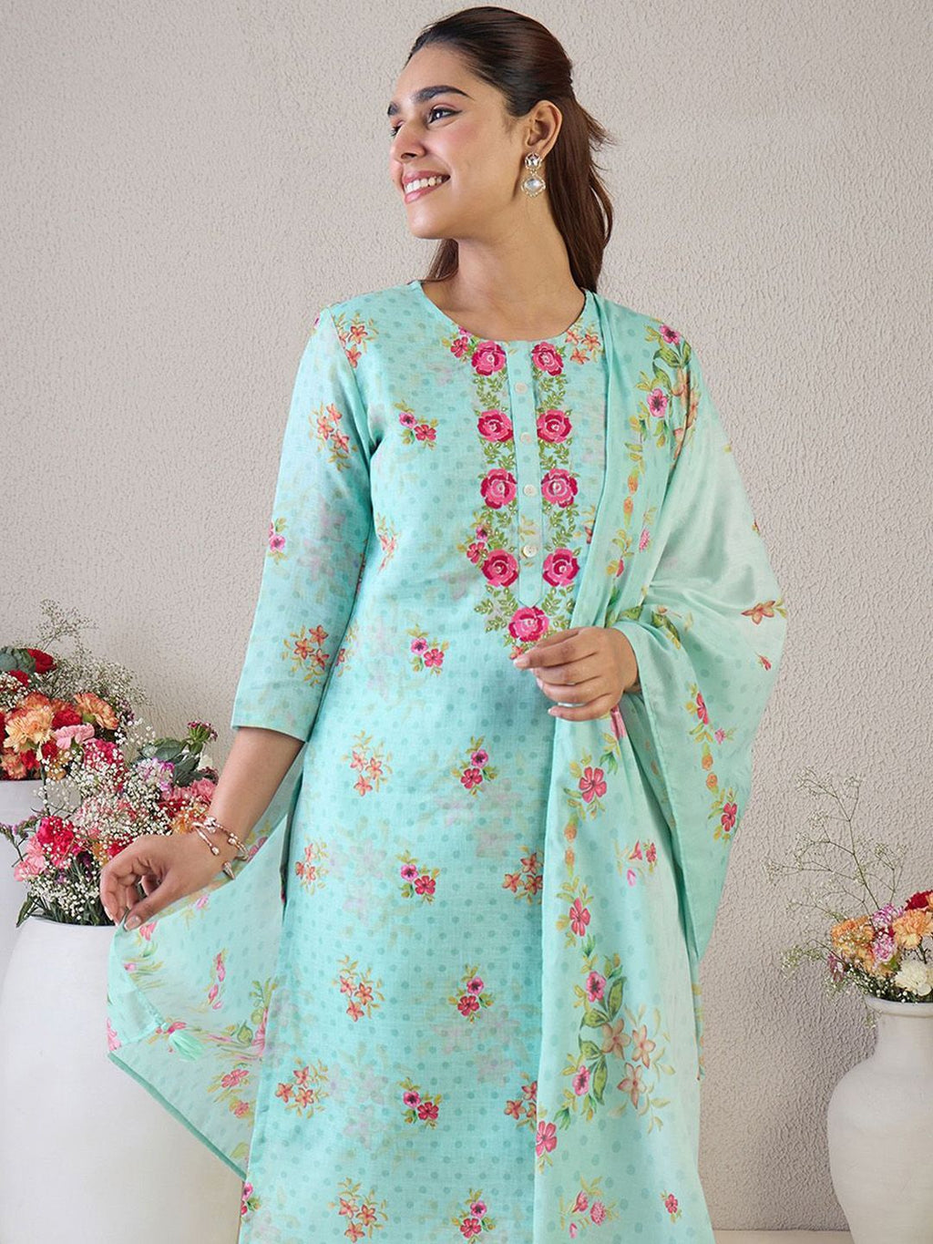 Indo Era Women Floral Embroidered Thread Work Linen Kurta with Trousers & With Dupatta - Distacart