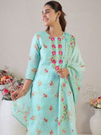 Indo Era Women Floral Embroidered Thread Work Linen Kurta with Trousers & With Dupatta - Distacart