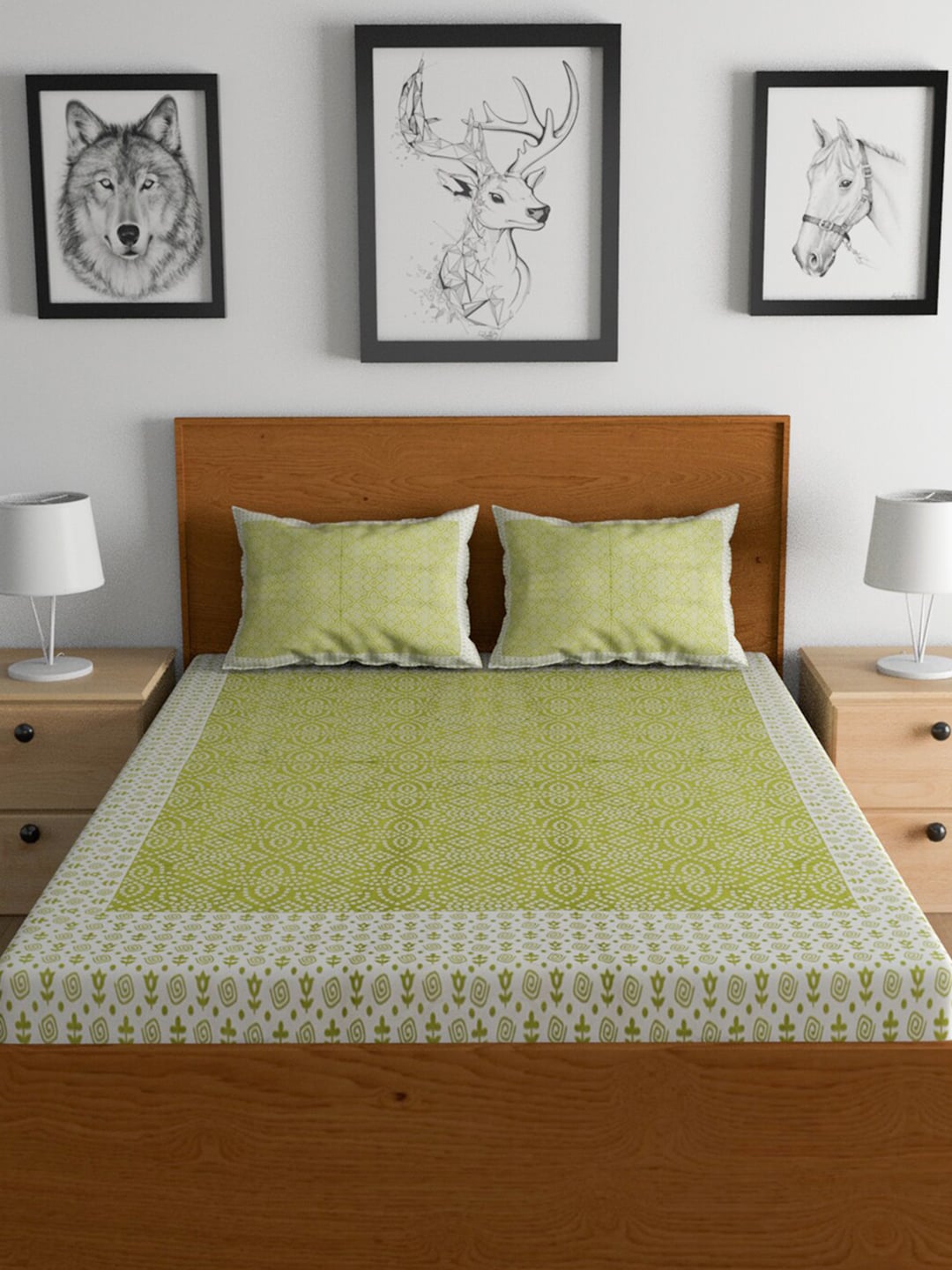 Urban Magic Green & White Ethnic Motifs Cotton 104 TC Queen Bedsheet with 2 Pillow Covers