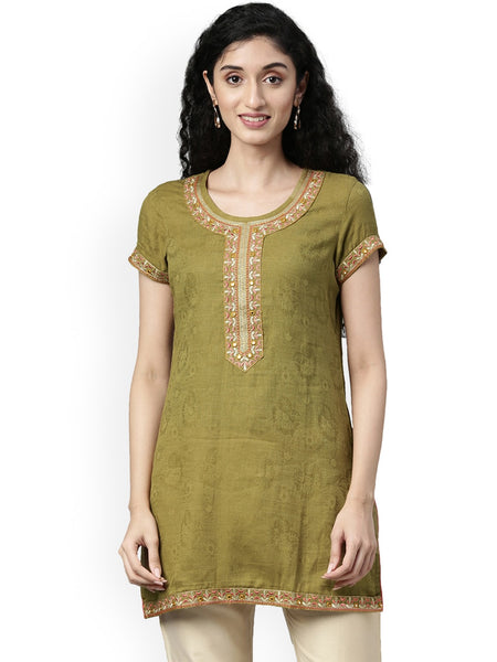 Souchii Olive Green Woven Design Kurta
