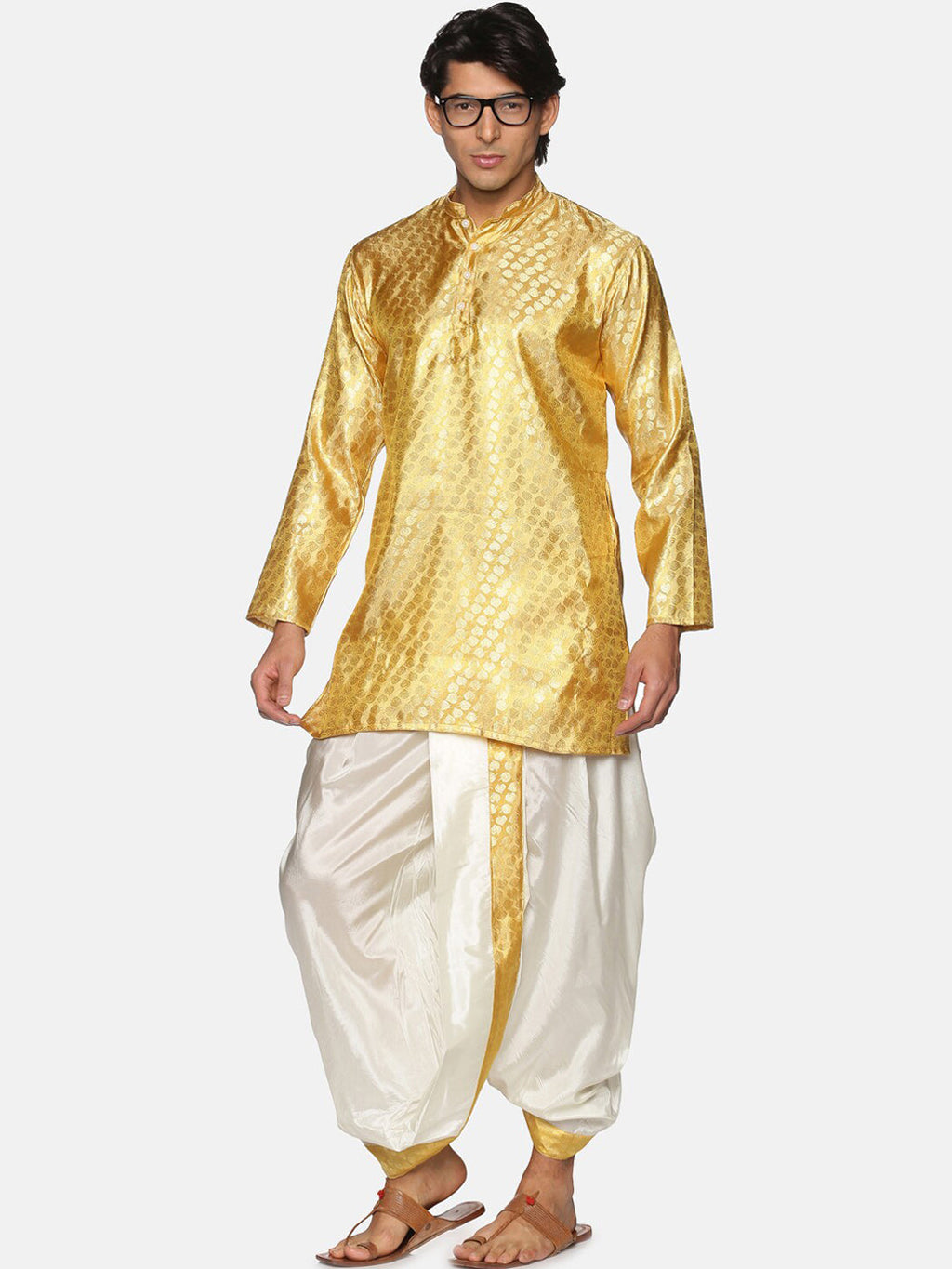 Sethukrishna Men Gold-Toned Ethnic Motifs Woven Design Kurta with Dhoti Pants - Distacart