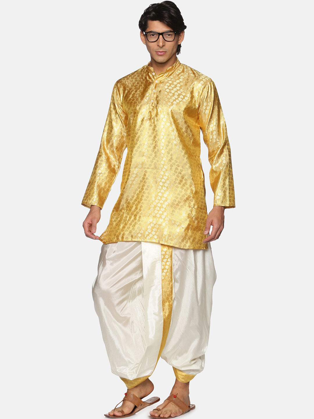Sethukrishna Men Gold-Toned Ethnic Motifs Woven Design Kurta with Dhoti Pants - Distacart