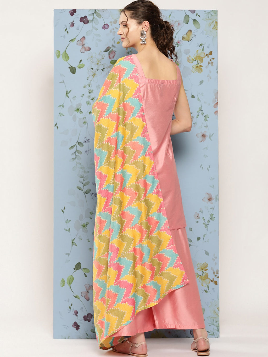HERE&NOW Shoulder Straps Solid Straight Kurta with Palazzos & Printed Dupatta
