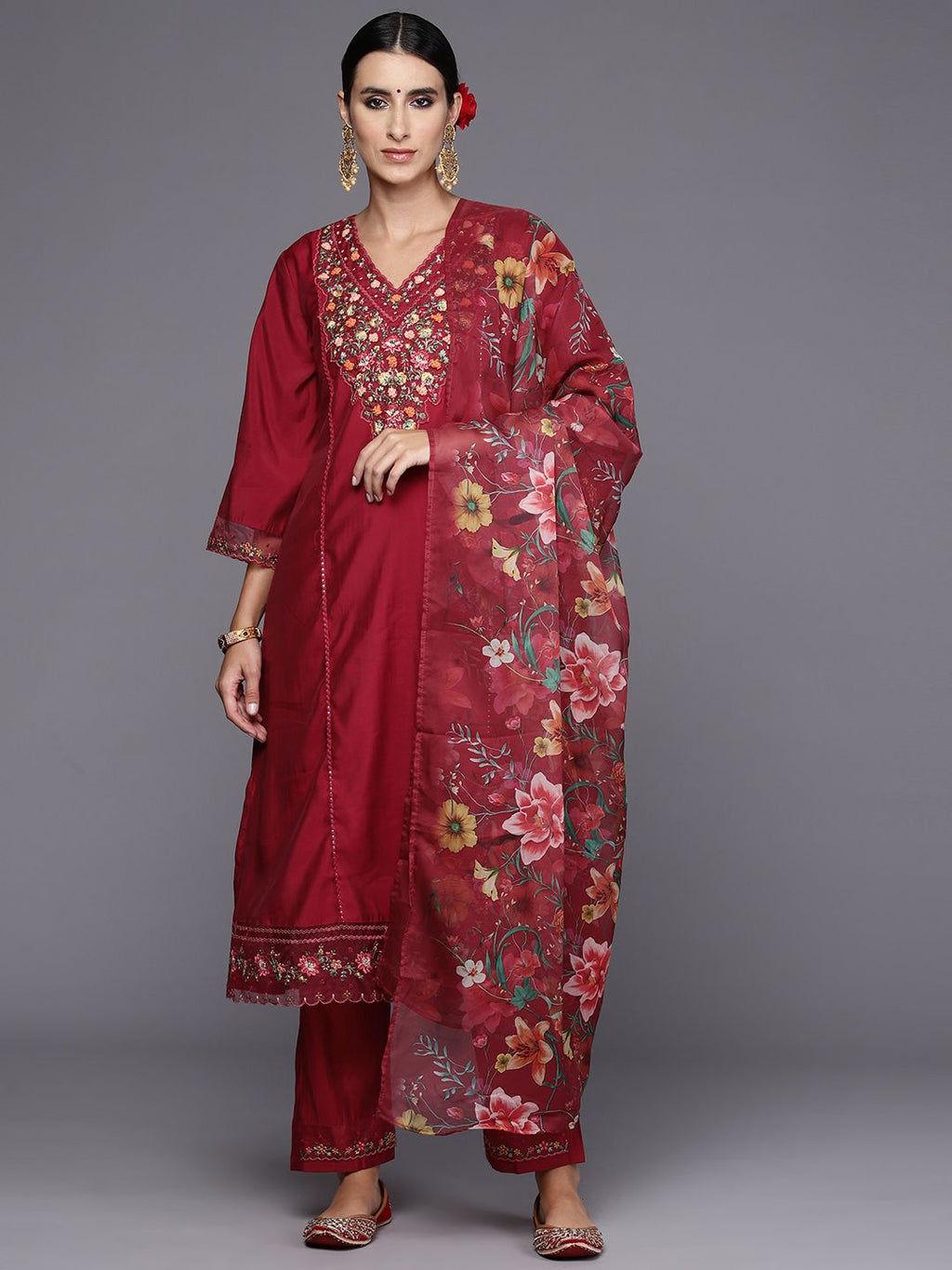 Indo Era Women Floral Yoke Design Panelled Thread Work Kurta with Trousers & Dupatta - Distacart