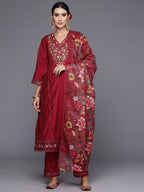 Indo Era Women Floral Yoke Design Panelled Thread Work Kurta with Trousers & Dupatta - Distacart