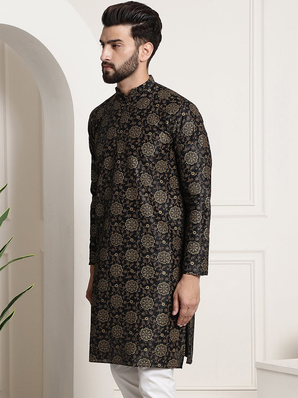 Sojanya Men Black & Brown Ethnic Motifs Printed Kurta
