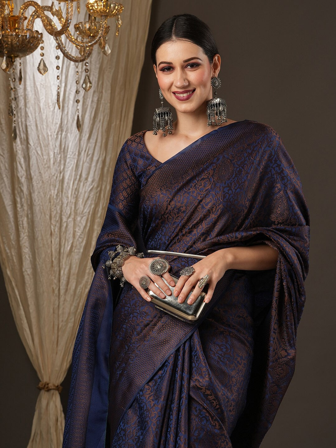Saree Mall Navy Blue & Gold-Toned Woven Design Zari Silk Blend Banarasi Sarees - Distacart