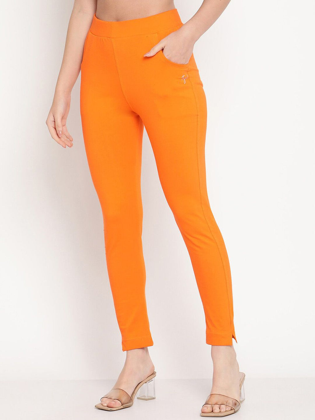 TAG 7 Women Orange Solid Leggings