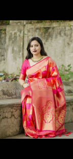 DEIANA'S Beautiful Designer Golden zari Soft Lichi Silk Saree - Red
