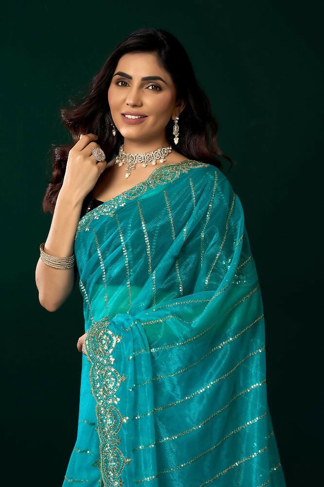 Joban Fashion Turquoise Blue Net Party Wear Sarees - Distacart