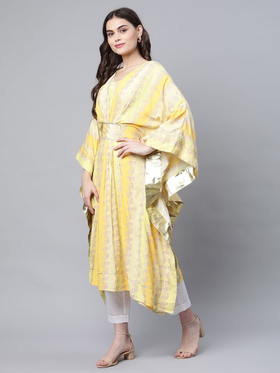 Ahalyaa Women Yellow Rayon Printed Flared Sleeve Kaftan Kurta - Distacart