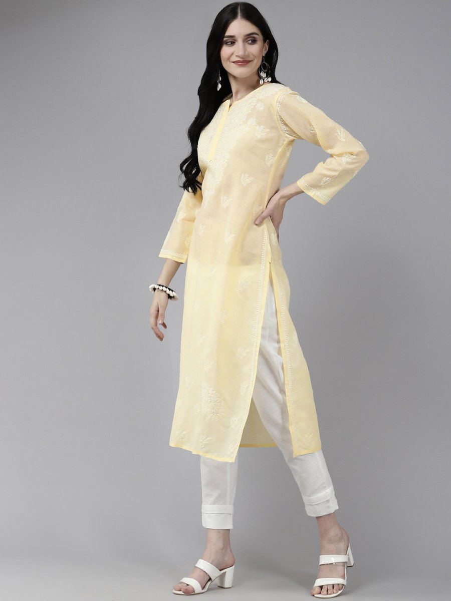 ADA Women Cream-Coloured & White Ethnic Motifs Embroidered Chikankari Cotton Kurta