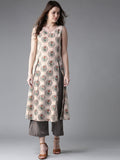 HERE&NOW Women Beige & Grey Printed Kurta with Palazzos