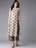 HERE&NOW Women Beige & Grey Printed Kurta with Palazzos