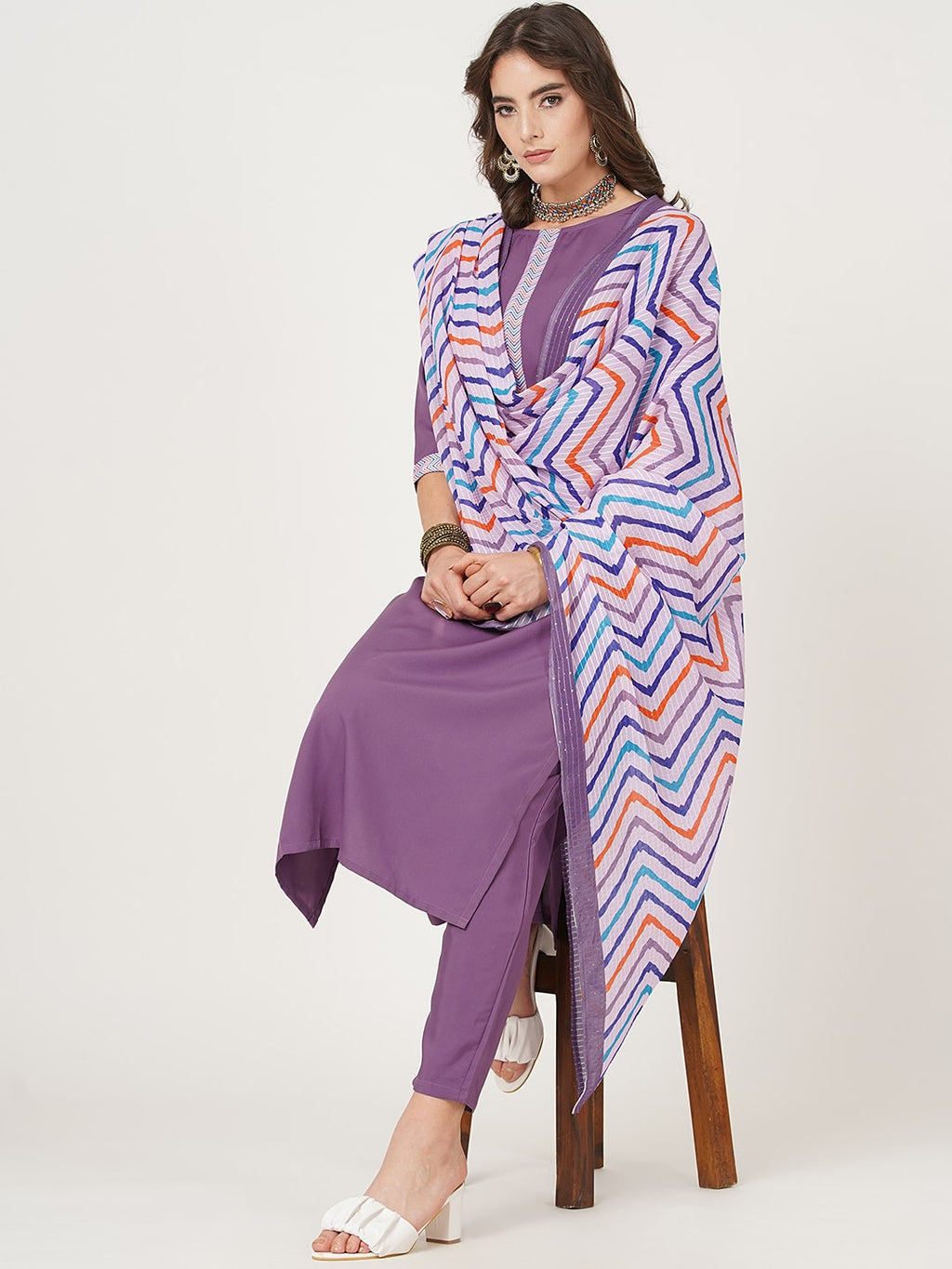 HERE&NOW Straight Kurta with Trousers & Dupatta