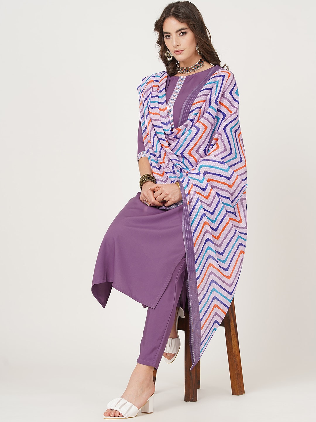 HERE&NOW Straight Kurta with Trousers & Dupatta