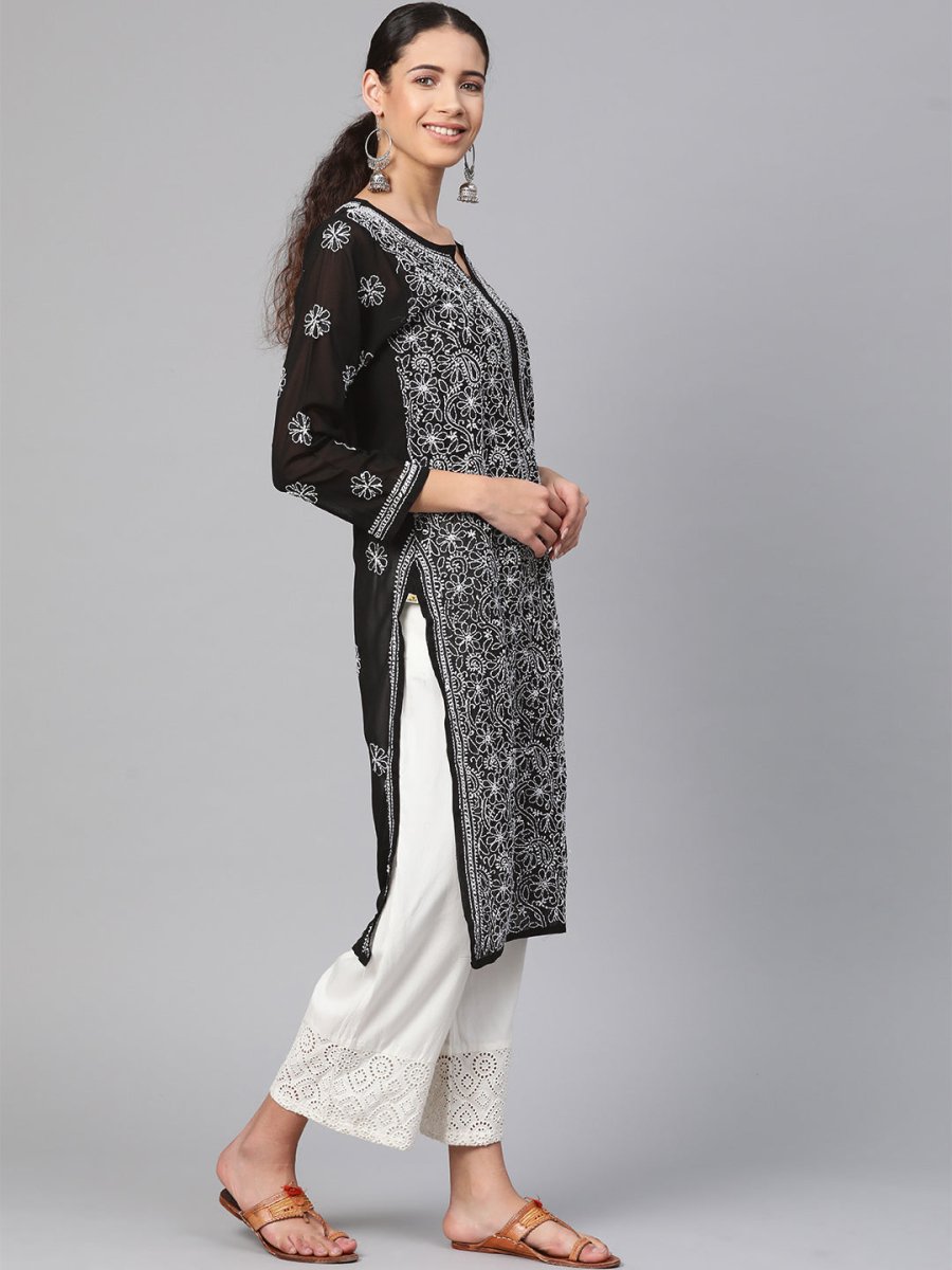 ADA Women Black & White Chikankari Hand Embroidered Semi-Sheer Straight Sustainable Handloom Kurta