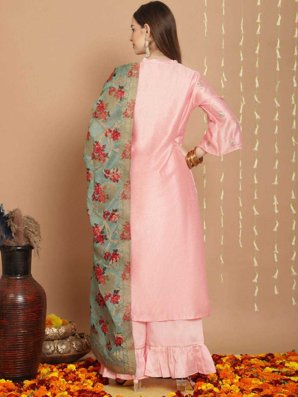 Jyoti Fashion Women's Peach Chanderi Silk Elegant Jardoshi Kurta with Trouser & Dupatta