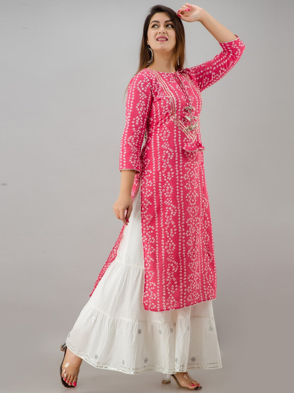 HERE&NOW Pink Bandhani Printed Gotta Patti Regular Kurta with Sharara - Distacart