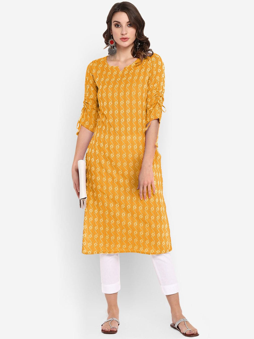 Janasya Yellow & Off-White Woven Design Straight Kurta - Distacart
