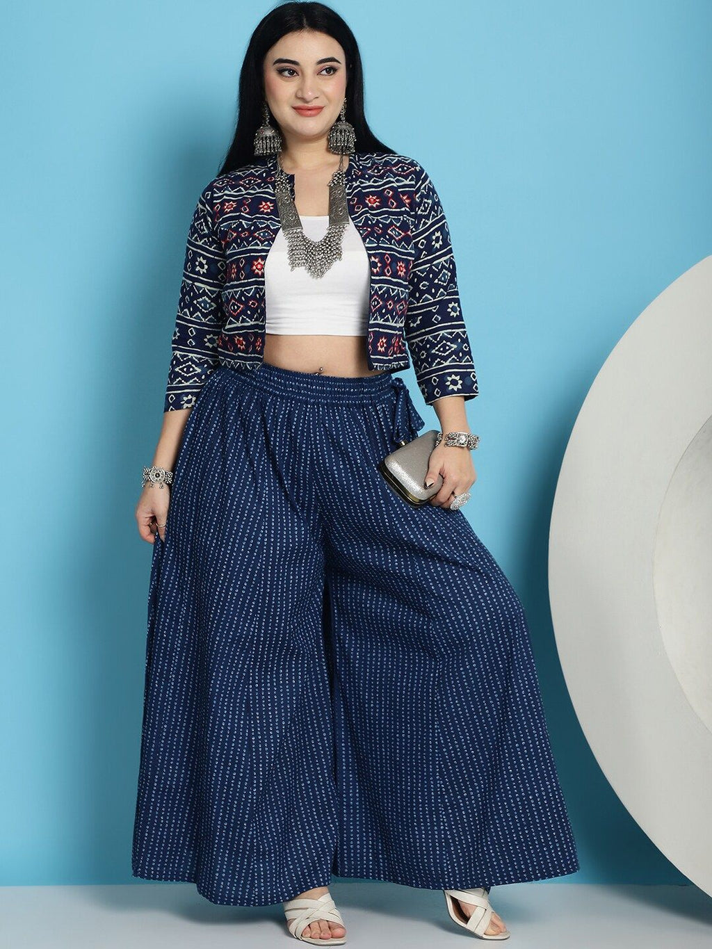 TAG 7 Plus Size Polka Dot Printed Pure Cotton Flared Ethnic Palazzo
