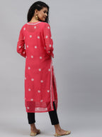 ADA Women Carrot Pink & White Floral Hand Embroidered Chikankari Handloom Kurta & Matching slip