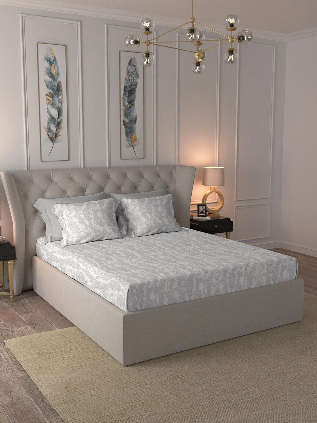 MYTRIDENT Nectarsoft Grey White Pure Cotton 400 TC King Bedsheet with 4 Pillow Covers