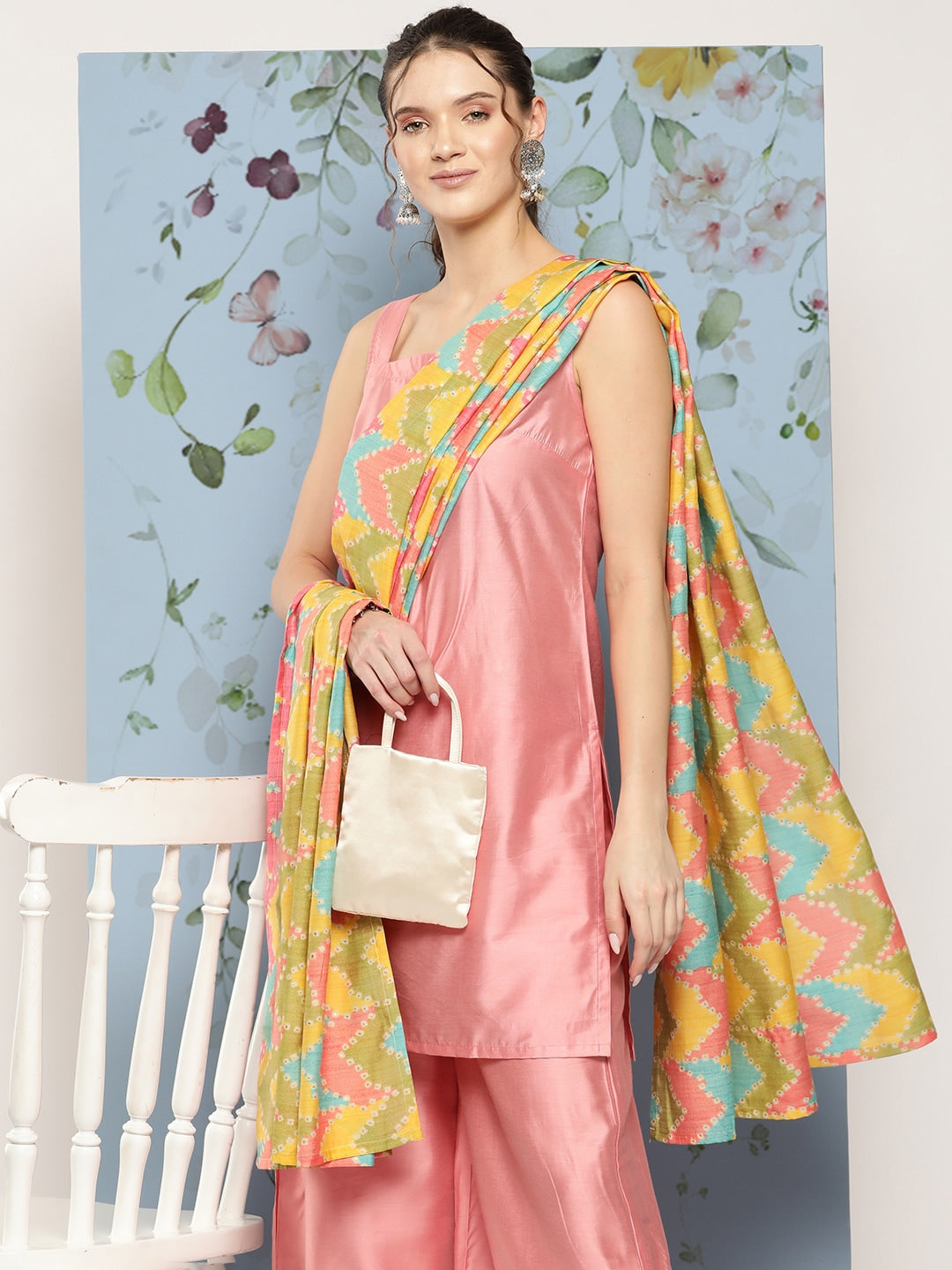 HERE&NOW Shoulder Straps Solid Straight Kurta with Palazzos & Printed Dupatta